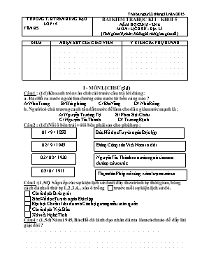 Đề kiểm tra học kỳ 1 môn Lịch sử + Địa lý Lớp 5 - Năm học 2015-2016 - Trường TH Trần Hưng Đạo (Có đáp án)